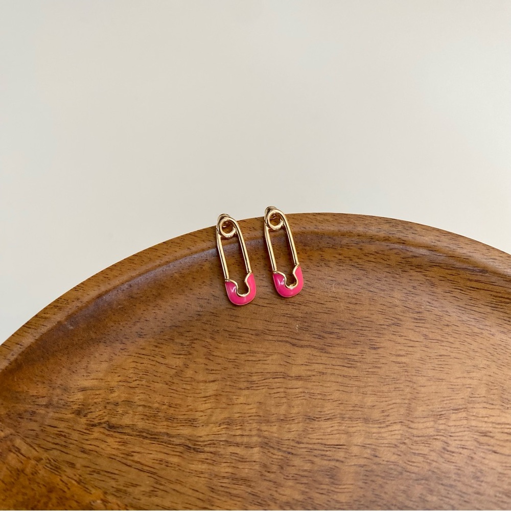 4/$15 Cute Gold and Pink Enamel Safety Pin Earrings